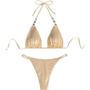 image:imageFloerns Womens Glitter Metallic Bikini Set Halter Tie Back High Cut 2 Piece Bathing SuitGold