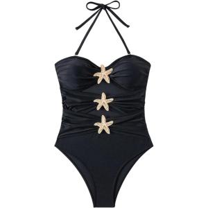 image:imageFloerns Womens Halter One Piece Swimsuit Starfish Cut Out Ruched Bathing SuitsBlack