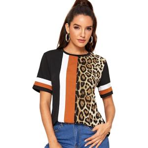 image:imageFloerns Womens Leopard Print Color Block T Shirts Short Sleeve Round Neck Tee TopsBlack Multi Orange