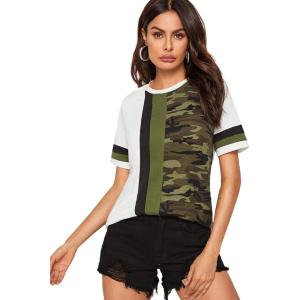 image:imageFloerns Womens Leopard Print Color Block T Shirts Short Sleeve Round Neck Tee TopsGreen