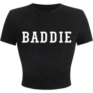 image:imageFloerns Womens Letter Print Crew Neck Short Sleeve Tee Shirt Y2k Crop Tee TopBlack