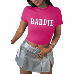 image:imageFloerns Womens Letter Print Crew Neck Short Sleeve Tee Shirt Y2k Crop Tee TopHot Pink