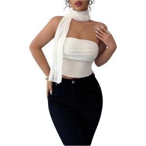 image:imageFloerns Womens Mesh Strapless Tube Top Ruched Sleeveless Fitted Crop Tops with ScarfWhite