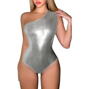 image:imageFloerns Womens Metallic Shiny One Shoulder Monokini One Piece SwimsuitSilver