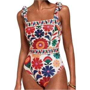 image:imageFloerns Womens One Piece Swimsuit Floral Bow Tie Shoulder Tummy Control Bathing SuitWhite Multi