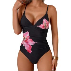 image:imageFloerns Womens One Piece Swimsuit Floral V Neck Ruched Tummy Control Beach Bathing SuitMulticolor