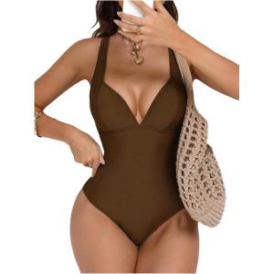 image:imageFloerns Womens One Piece Swimsuit Push Up Lace Up Tummy Control Slimming Bathing SuitCoffee Brown