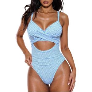image:imageFloerns Womens One Piece Swimsuit Striped Twist Cut Out Tummy Control Monokini SwimwearBlue and White