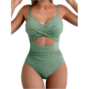 image:imageFloerns Womens One Piece Swimsuit Striped Twist Cut Out Tummy Control Monokini SwimwearGreen