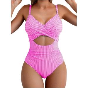 image:imageFloerns Womens One Piece Swimsuit Striped Twist Cut Out Tummy Control Monokini SwimwearHot Pink