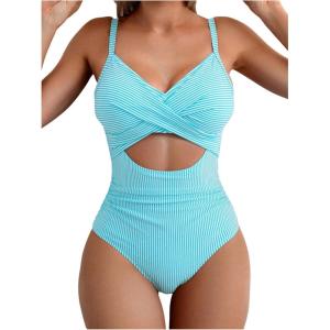 image:imageFloerns Womens One Piece Swimsuit Striped Twist Cut Out Tummy Control Monokini SwimwearMint Blue