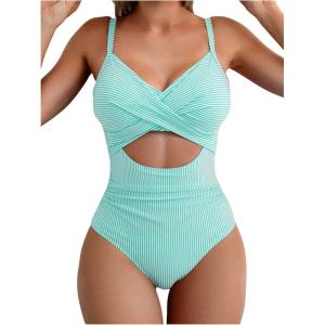 image:imageFloerns Womens One Piece Swimsuit Striped Twist Cut Out Tummy Control Monokini SwimwearMint Green