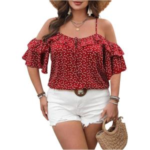 image:imageFloerns Womens Plus Size Cold Shoulder Layered Hem Short Sleeve Boho Blouse TopsRed