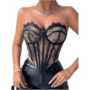 image:imageFloerns Womens Strapless Tube Night Out Tops Lace Corset Club Party Concert Blouse TopsBlack