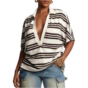 image:imageFloerns Womens Striped Half Sleeve Shirts Collared V Neck Oversized T ShirtsBrown Multi