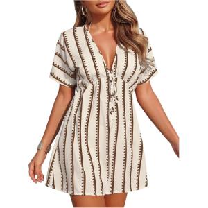 image:imageFloerns Womens Striped Print Cover Up Dress Tie Front Deep V Neck Beach Short Dresses SwimwearCoffee Brown Striped