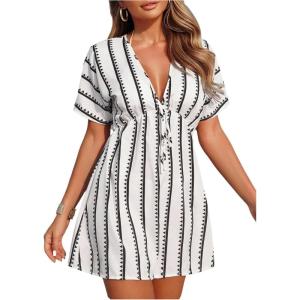 image:imageFloerns Womens Striped Print Cover Up Dress Tie Front Deep V Neck Beach Short Dresses SwimwearWhite Striped