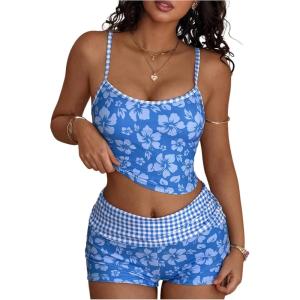 image:imageFloerns Womens Tankini Swimsuits Floral Cami Crop Top with Boyshorts 2 Piece Bathing SuitBlue Floral