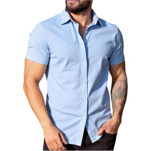 image:imageFloerns Mens Button Down Shirts Short Sleeve Collared Neck Business Causal Summer Dress ShirtLight Blue