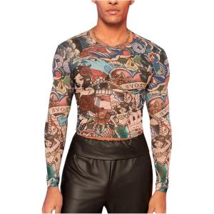 image:imageFloerns Mens Cartoon Print Long Sleeve T Shirt Nightclub Sheer Mesh Crop TopsMulticolor
