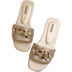 image:imageFloerns Womens Chain Flat Sandals Dressy Open Toe Slip on Summer Beach Slides SandalsChampagne