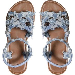 image:imageFloerns Womens Criss Cross Denim Sandals Strappy Flat Sandals with Ankle StrapsBlue and Brown
