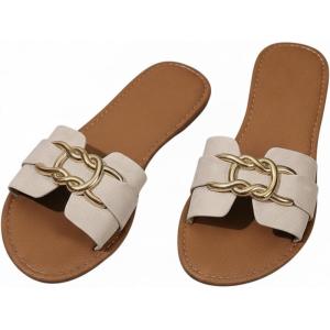 image:imageFloerns Womens Leather Metal Decor Flat Sandals Dressy Open Toe Slip on Summer Slides SandalsBeige