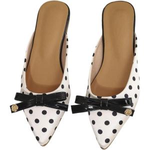 image:imageFloerns Womens Polka Dots Bowknot Mules Wedding Pointed Toe Elegant Flat SandalsBlack and White