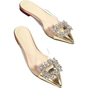 image:imageFloerns Womens Rhinestone Transparent Closed Pointed Toe Backless Mules FlatGold