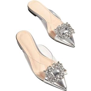 image:imageFloerns Womens Rhinestone Transparent Closed Pointed Toe Backless Mules FlatSilver