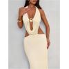 image:imageFloerns Womens Cut Out Draped Halter Maxi Dress Tie Open Back Fishtail Wedding Guest DressesBeige