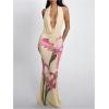 image:imageFloerns Womens Floral Deep V Neck Halter Dress Fishtail Draped Open Back Party Maxi Dresses