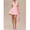 image:imageFloerns Womens Floral Jacquard Off The Shoulder Mini Dress Elegant A Line Wedding Guest DressesPink