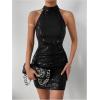 image:imageFloerns Womens Sparkly Sequin Halter Dress Sleeveless Wedding Guest Bodycon Mini DressDark Black