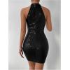 image:imageFloerns Womens Sparkly Sequin Halter Dress Sleeveless Wedding Guest Bodycon Mini DressDark Black