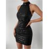 image:imageFloerns Womens Sparkly Sequin Halter Dress Sleeveless Wedding Guest Bodycon Mini DressDark Black