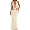 image:imageFloerns Womens Cut Out Draped Halter Maxi Dress Tie Open Back Fishtail Wedding Guest DressesBeige