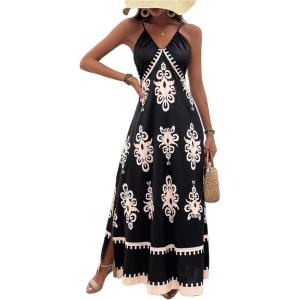 image:imageFloerns Womens Boho Print V Neck Split Cami Dress Sleeveless Vacation A Line Maxi DressesBlack and Apricot