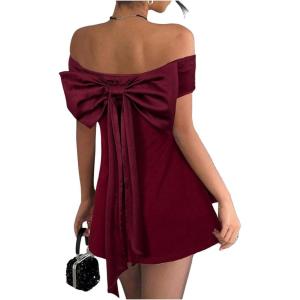 image:imageFloerns Womens Elegant Bow Mini Dress Off The Shoulder Short Sleeve Party Wedding Guest DressesBurgundy