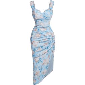 image:imageFloerns Womens Floral Asymmetrical Dress Slit Elegant Cocktail Cami Midi DressesBlue