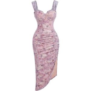 image:imageFloerns Womens Floral Asymmetrical Dress Slit Elegant Cocktail Cami Midi DressesPink