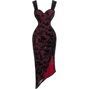 image:imageFloerns Womens Floral Asymmetrical Dress Slit Elegant Cocktail Cami Midi DressesRed and Black