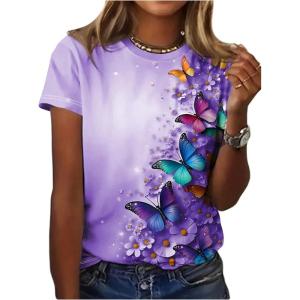 image:imageFloerns Womens Floral Butterfly Print Crew Neck T Shirt Short Sleeve Casual Tee TopPurple Multi