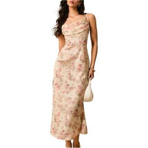 image:imageFloerns Womens Floral Cowl Neck Vintage Midi Dress Tie Shoulder Sleeveless Wedding Guest DressesApricot