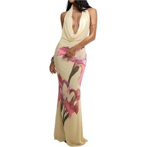image:imageFloerns Womens Floral Deep V Neck Halter Dress Fishtail Draped Open Back Party Maxi Dresses
