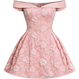 image:imageFloerns Womens Floral Jacquard Off The Shoulder Mini Dress Elegant A Line Wedding Guest DressesPink