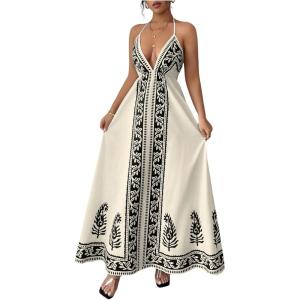 image:imageFloerns Womens Floral Print V Neck Halter Cami Dress Tie Open Back Boho Wedding Guest Maxi DressesApricot