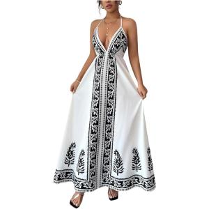 image:imageFloerns Womens Floral Print V Neck Halter Cami Dress Tie Open Back Boho Wedding Guest Maxi DressesMulticolor