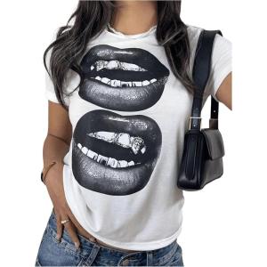 image:imageFloerns Womens Graphic Lips Print T Shirts Short Sleeve Streetwear Tee Shirts Top
