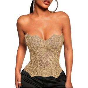 image:imageFloerns Womens Lace Strapless Going Out Tube Top Tie Back Club Date Night Corset TopsBeige